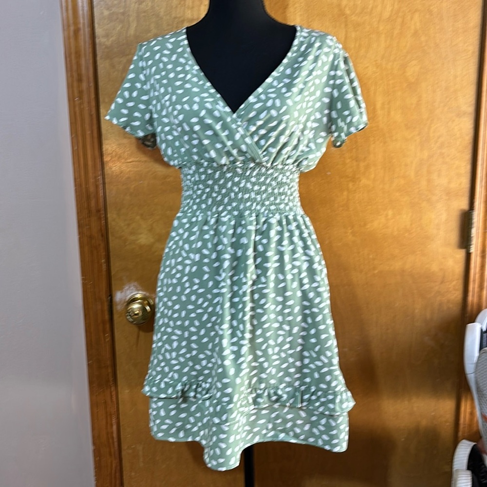 Size S elastic waist dress. Sage green and white. NWOT.
